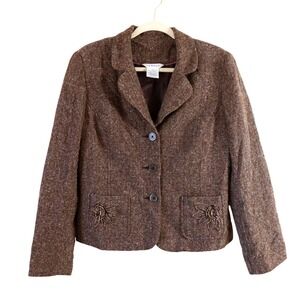 George Women's Brown Herringbone Tweed Blazer 3D Embellished Flowers Size 14